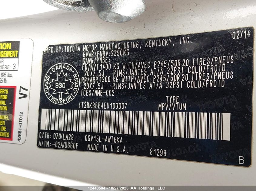 2014 Toyota Venza Le/Xle/Limited VIN: 4T3BK3BB4EU103007 Lot: 12440584