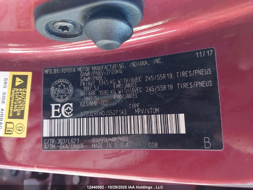 2018 Toyota Highlander VIN: 5TDJZRFH0JS527143 Lot: 12440592