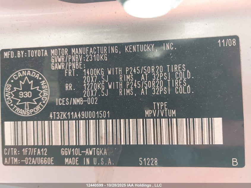 4T3ZK11A49U001501 2009 TOYOTA VENZA photo no. 19