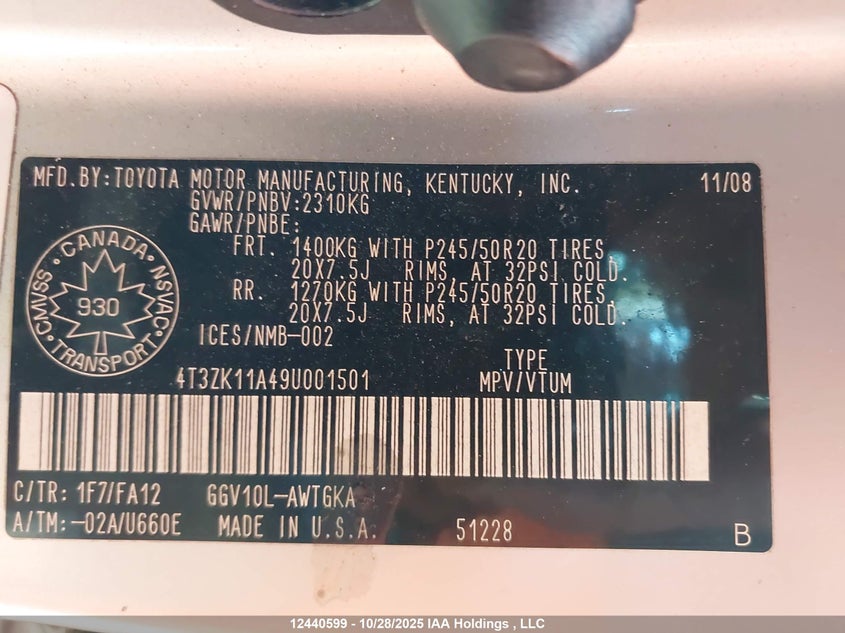 4T3ZK11A49U001501 2009 TOYOTA VENZA photo no. 9