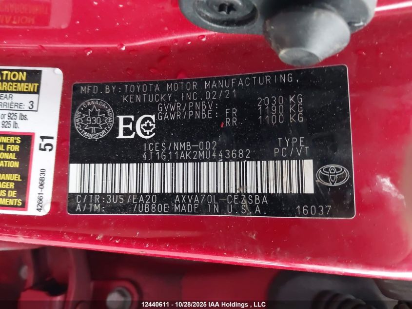 2021 Toyota Camry Se/Se Night Shade VIN: 4T1G11AK2MU443682 Lot: 12440611