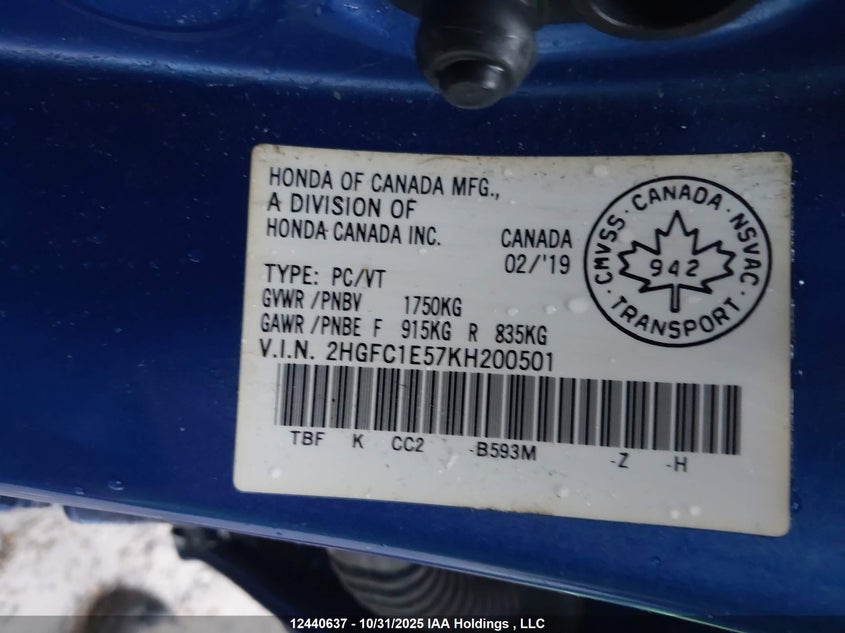 2HGFC1E57KH200501 2019 HONDA CIVIC photo no. 9