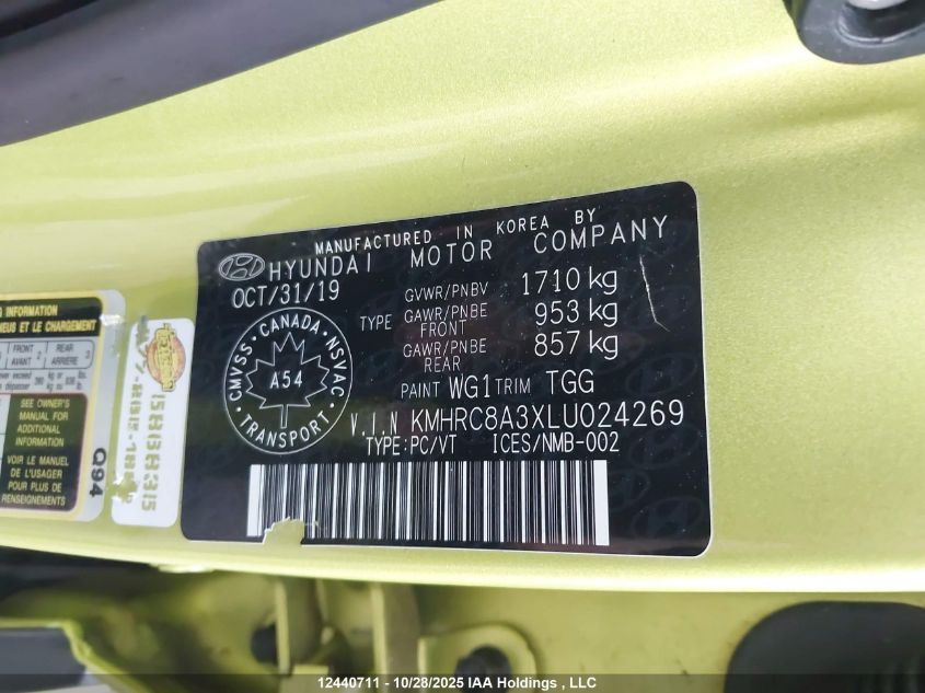 2020 Hyundai Venue Sel/Denim VIN: KMHRC8A3XLU024269 Lot: 12440711