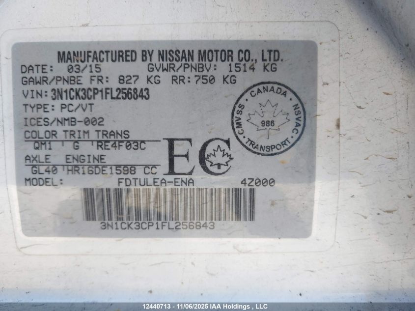 2015 Nissan Micra VIN: 3N1CK3CP1FL256843 Lot: 12440713