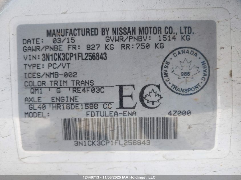 2015 Nissan Micra VIN: 3N1CK3CP1FL256843 Lot: 12440713