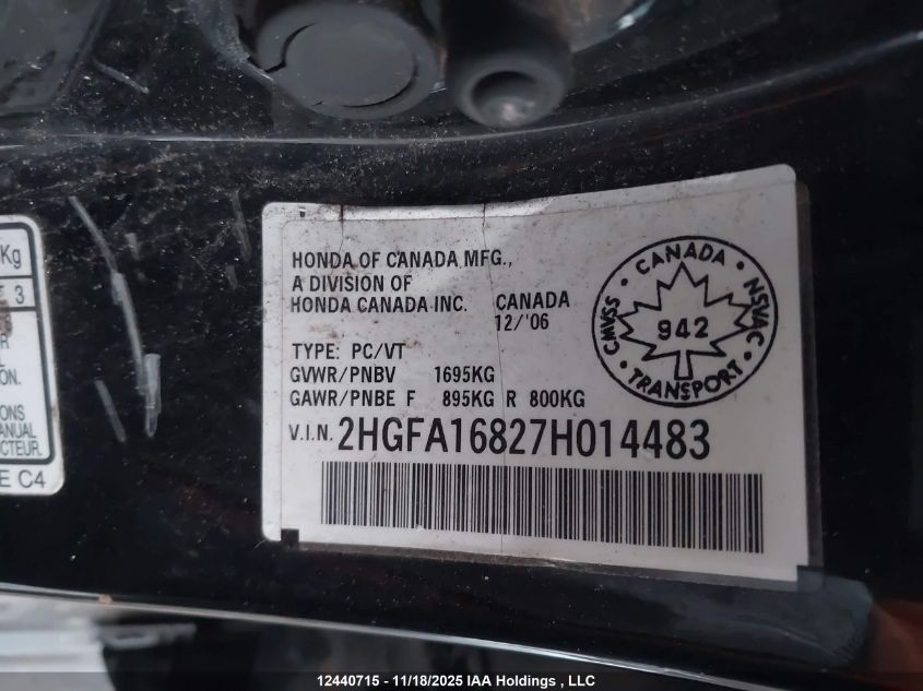 2007 Honda Civic VIN: 2HGFA16827H014483 Lot: 12440715