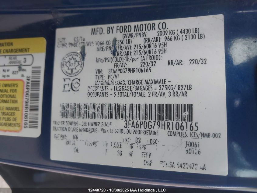 2017 Ford Fusion S VIN: 3FA6P0G79HR106165 Lot: 12440720