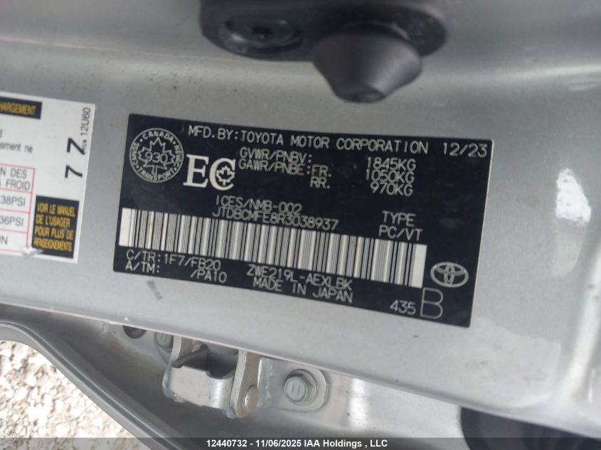 2024 Toyota Corolla Hybrid VIN: JTDBCMFE8R3038937 Lot: 12440732