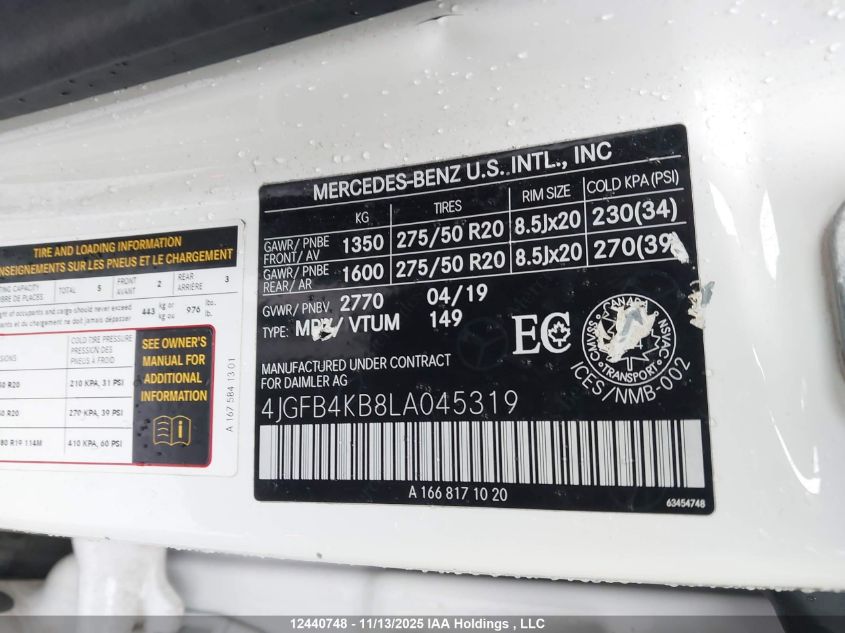 Auction sale of the 2020 MERCEDES BENZ GLE 350 , vin: 4JGFB4KB8LA045319, lot number: 12440748