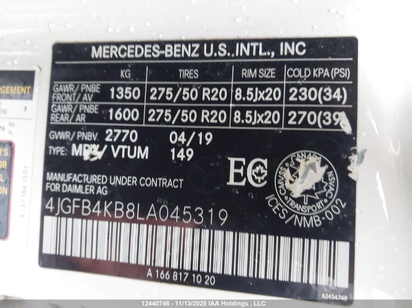 Auction sale of the 2020 MERCEDES BENZ GLE 350 , vin: 4JGFB4KB8LA045319, lot number: 12440748