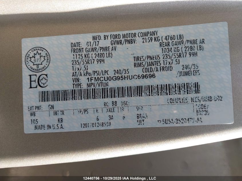 2017 Ford Escape Se VIN: 1FMCU0G95HUC69696 Lot: 12440756