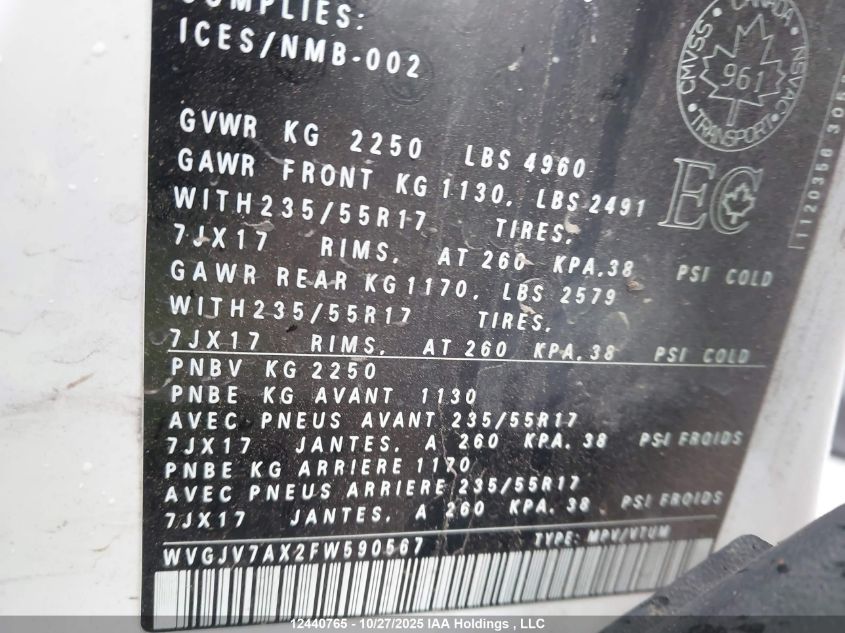 2015 Volkswagen Tiguan 2.0 Tsi VIN: WVGJV7AX2FW590567 Lot: 12440765