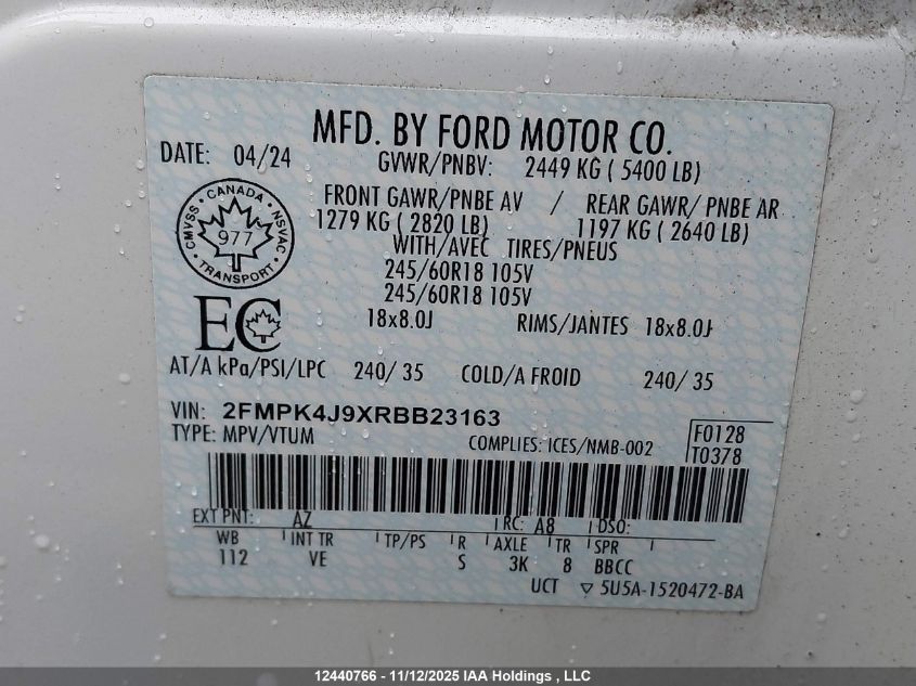 2024 Ford Edge Sel VIN: 2FMPK4J9XRBB23163 Lot: 12440766