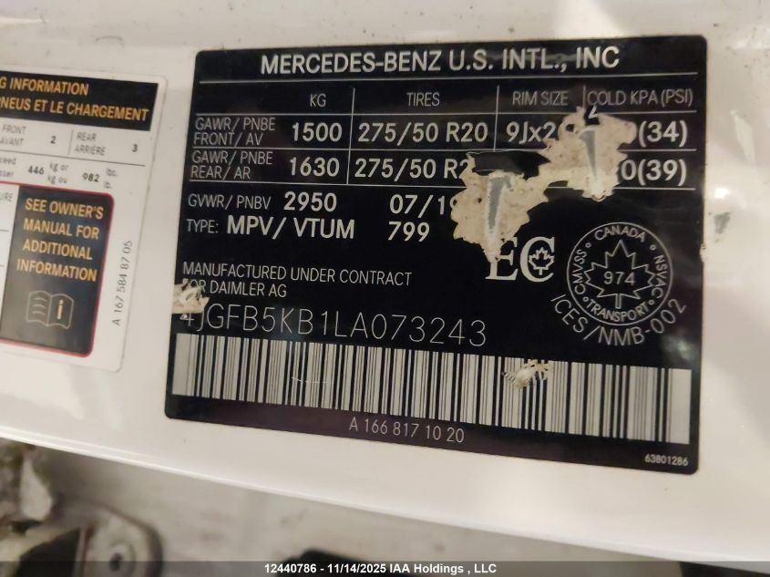 2020 Mercedes-Benz Gle 450 4Matic VIN: 4JGFB5KB1LA073243 Lot: 12440786