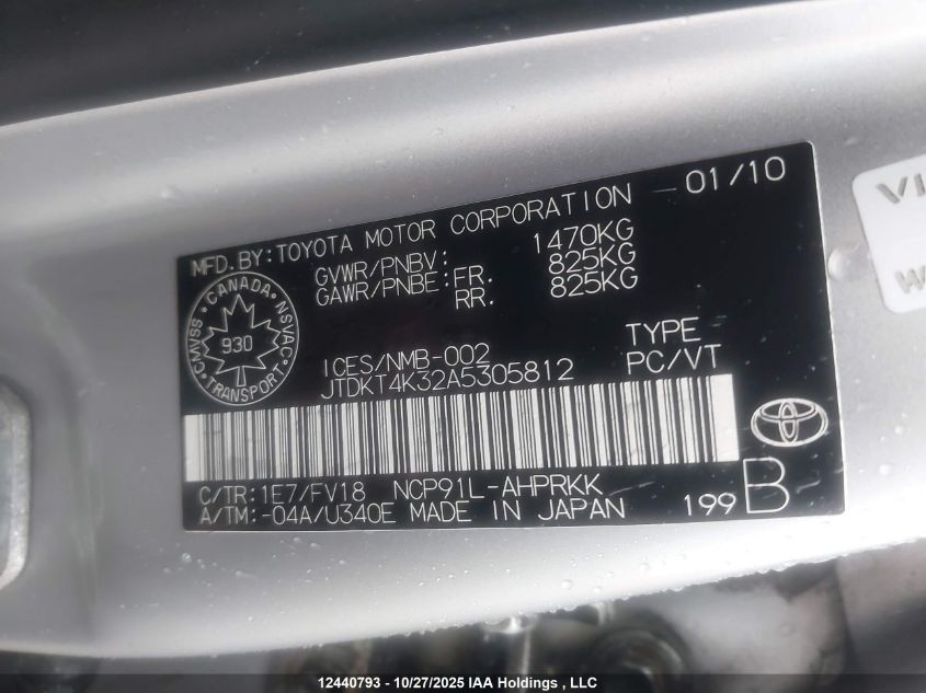 2010 Toyota Yaris Le/Rs VIN: JTDKT4K32A5305812 Lot: 12440793