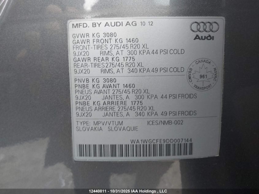 2013 Audi Q7 Prestige VIN: WA1WGCFE9DD007144 Lot: 12440811