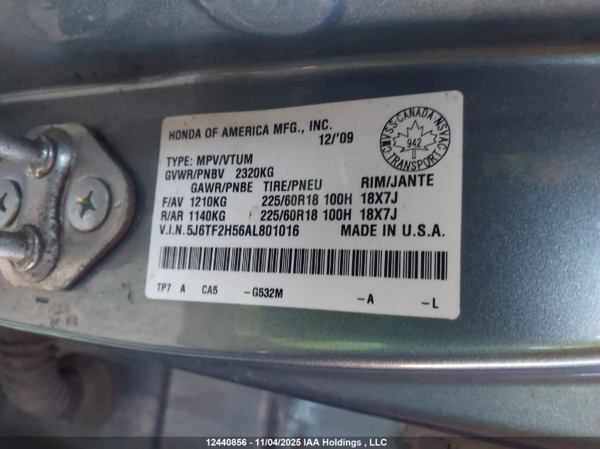 2010 Honda Accord Crosstour Ex-L VIN: 5J6TF2H56AL801016 Lot: 12440856