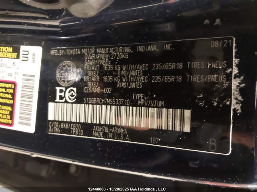 2021 Toyota Highlander Hybrid Xle VIN: 5TDGBRCH7MS533710 Lot: 12440888