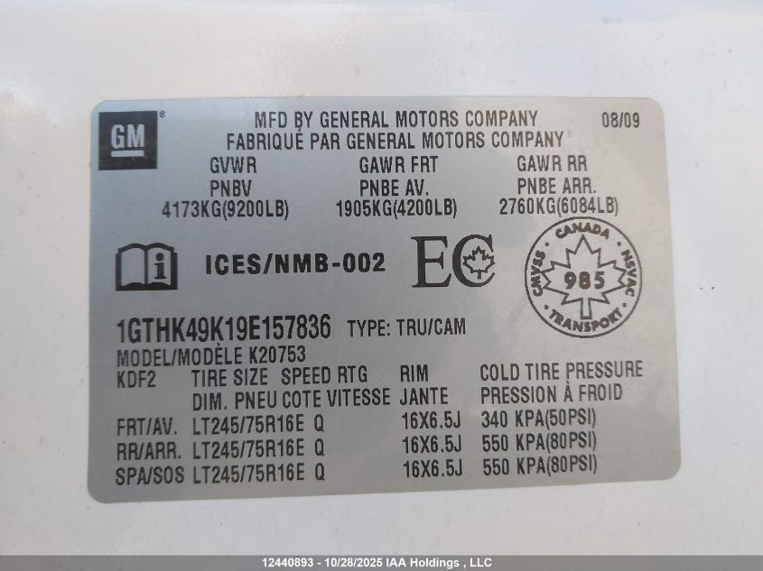 2009 GMC Sierra K2500 Heavy Duty VIN: 1GTHK49K19E157836 Lot: 12440893