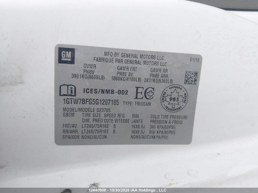 2016 GMC Savana G2500 VIN: 1GTW7BFG5G1207185 Lot: 12440908