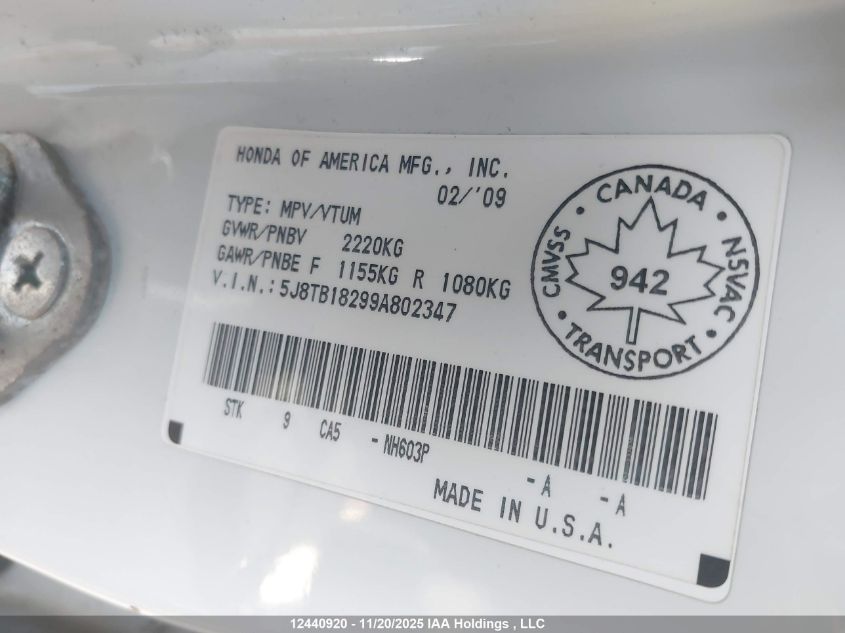 2009 Acura Rdx VIN: 5J8TB18299A802347 Lot: 12440920