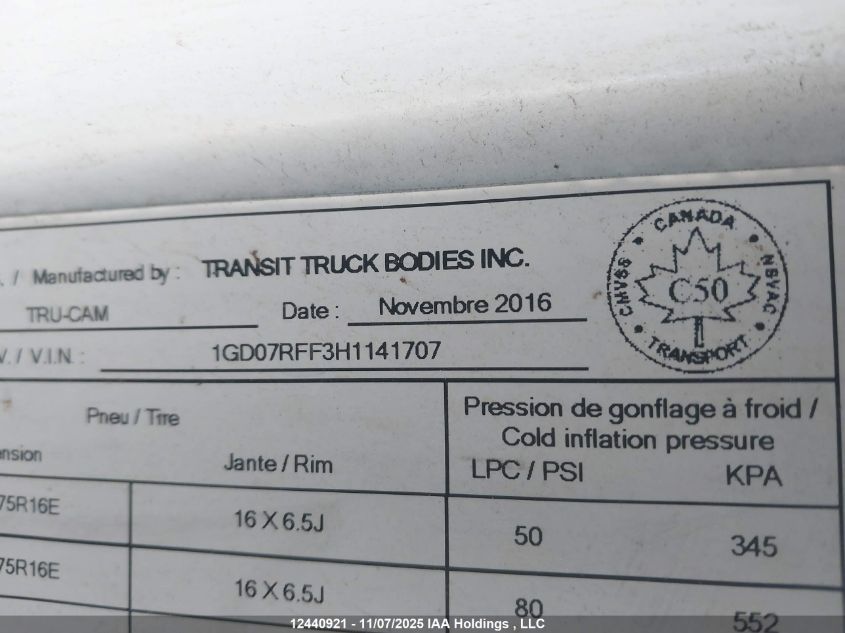 2017 GMC Savana Cutaway G3500 VIN: 1GD07RFF3H1141707 Lot: 12440921