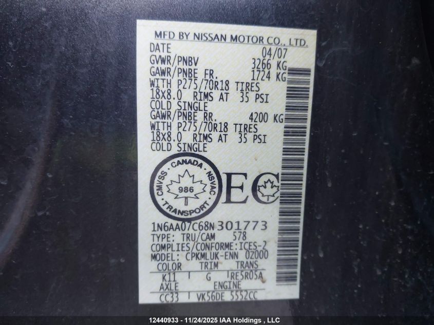 2008 Nissan Titan Xe/Se/Le/Pro-4X VIN: 1N6AA07C68N301773 Lot: 12440933