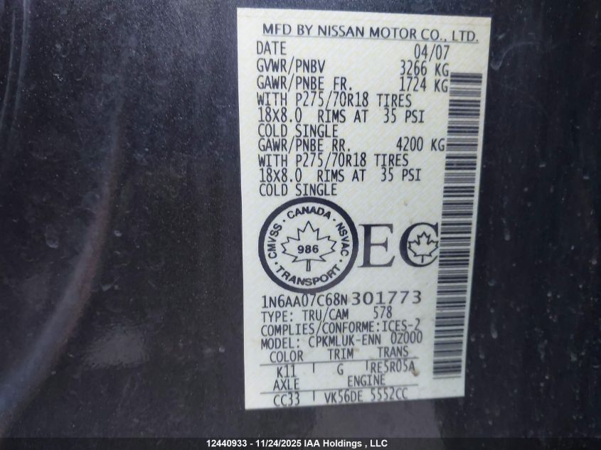 2008 Nissan Titan Xe/Se/Le/Pro-4X VIN: 1N6AA07C68N301773 Lot: 12440933