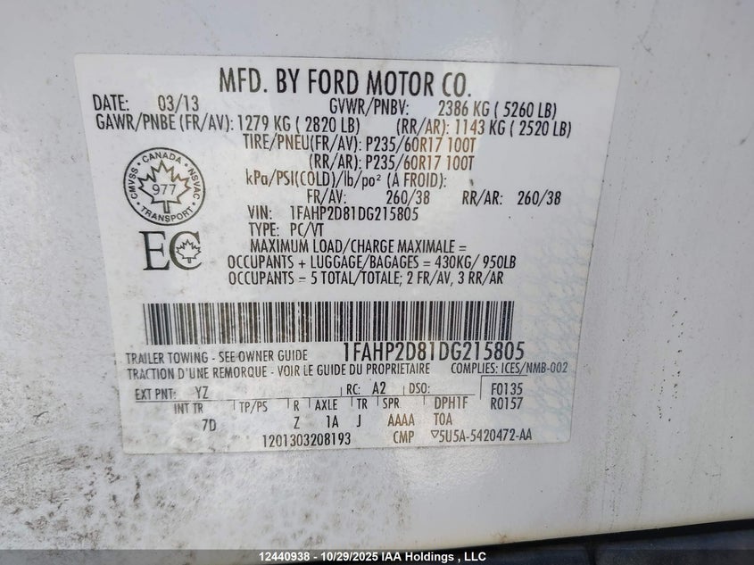 2013 Ford Taurus Se VIN: 1FAHP2D81DG215805 Lot: 12440938