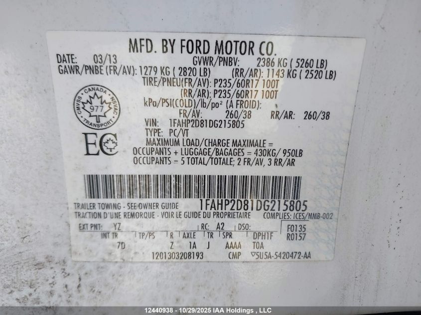 2013 Ford Taurus Se VIN: 1FAHP2D81DG215805 Lot: 12440938