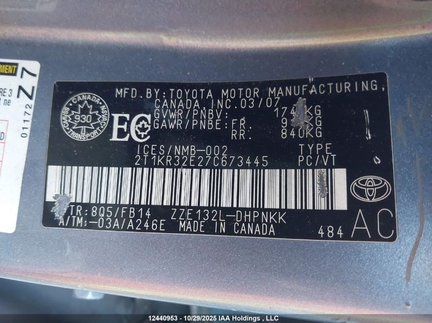 2007 Toyota Corolla Matrix Xr VIN: 2T1KR32E27C673445 Lot: 12440953