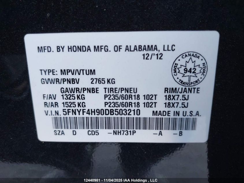 2013 Honda Pilot Touring VIN: 5FNYF4H90DB503210 Lot: 12440981