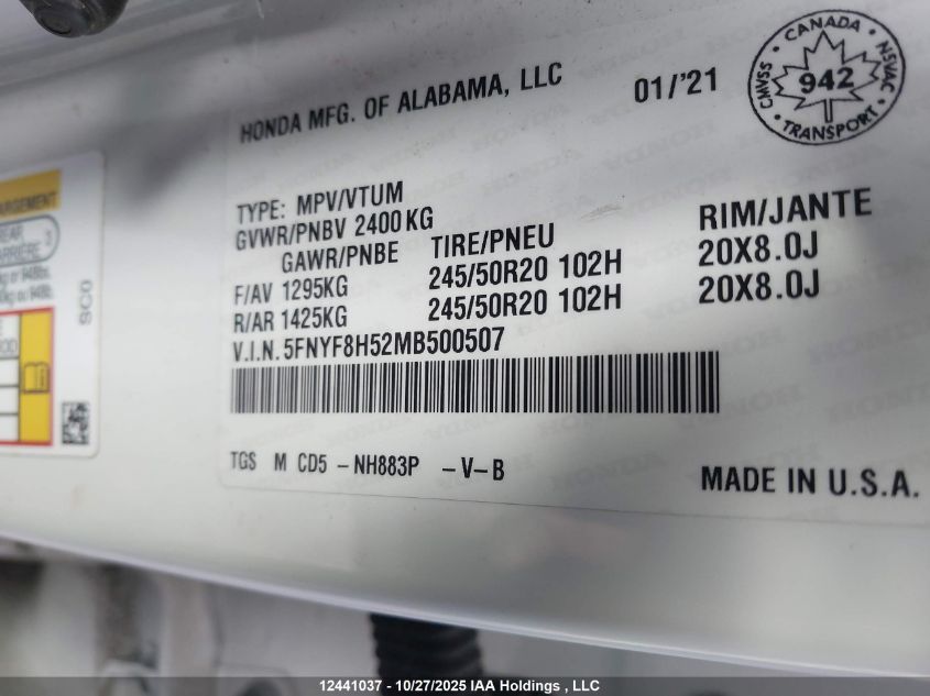 2021 Honda Passport Ex-L VIN: 5FNYF8H52MB500507 Lot: 12441037