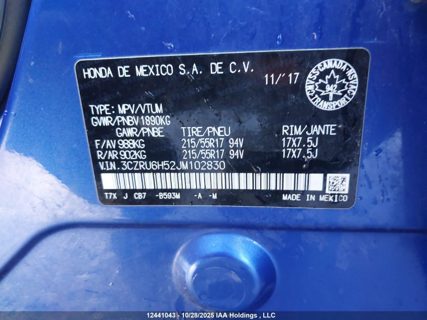 2018 Honda Hr-V Ex VIN: 3CZRU6H52JM102830 Lot: 12441043