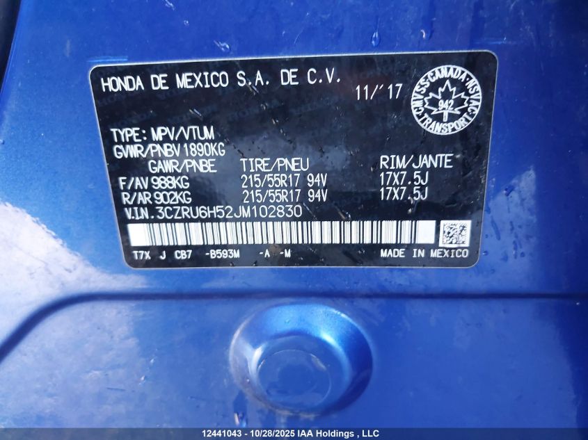 2018 Honda Hr-V Ex VIN: 3CZRU6H52JM102830 Lot: 12441043
