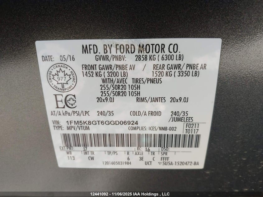 1FM5K8GT6GGD06924 2016 FORD  photo no. 9