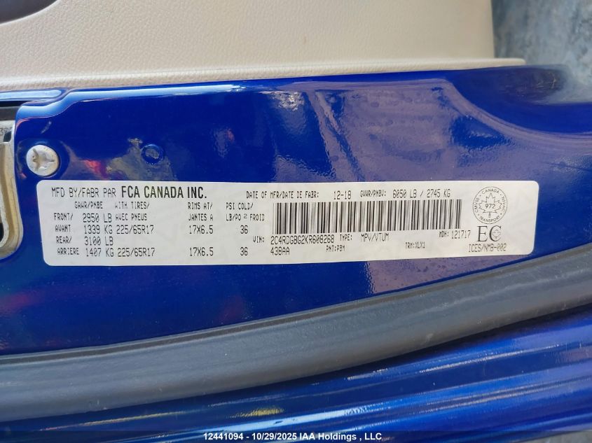 2019 Dodge Grand Caravan Cvp/Sxt VIN: 2C4RDGBG2KR608268 Lot: 12441094