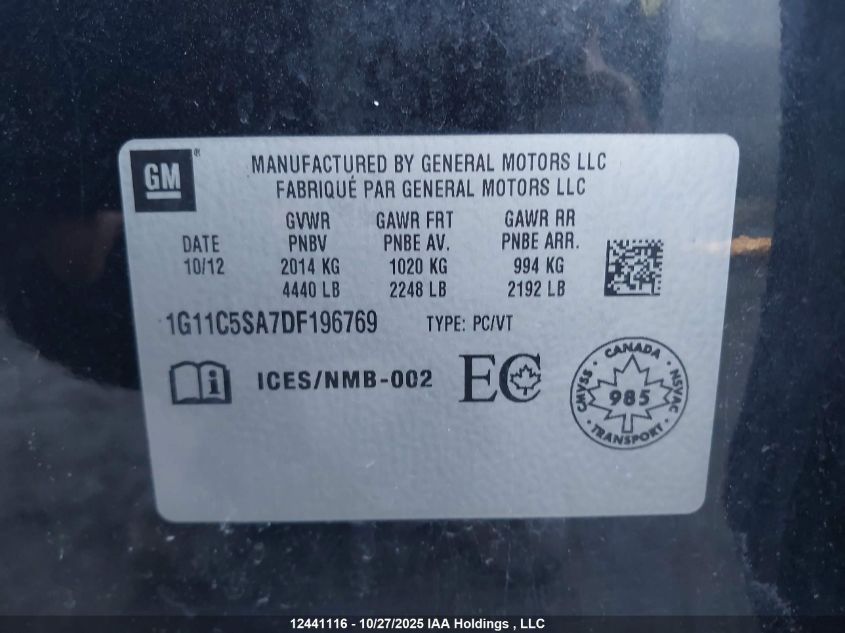 2013 Chevrolet Malibu 1Lt VIN: 1G11C5SA7DF196769 Lot: 12441116