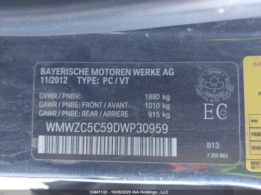 2013 Mini Countryman Cooper S VIN: WMWZC5C59DWP30959 Lot: 12441132