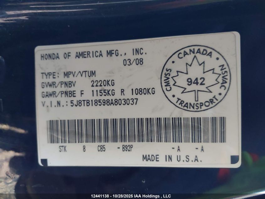 2008 Acura Rdx Technology VIN: 5J8TB18598A803037 Lot: 12441138