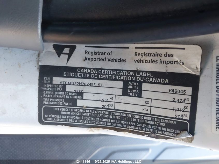 2008 Toyota Tacoma Double Cab Long Bed VIN: 5TEMU52N78Z495157 Lot: 12441145