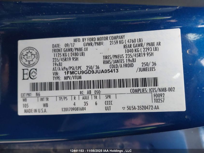 2018 Ford Escape Se VIN: 1FMCU9GD9JUA05413 Lot: 12441153