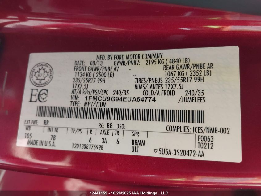 2014 Ford Escape Se VIN: 1FMCU9G94EUA64774 Lot: 12441159