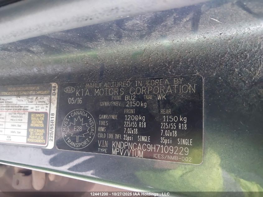 2017 Kia Sportage Ex/Ex Premium/Ex Tech VIN: KNDPNCAC9H7109229 Lot: 12441200