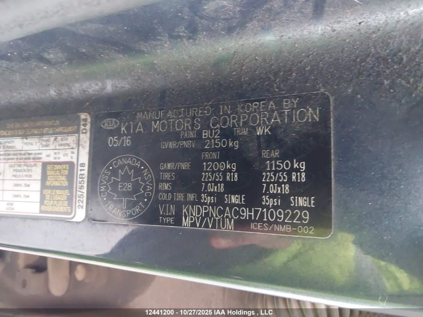 2017 Kia Sportage Ex/Ex Premium/Ex Tech VIN: KNDPNCAC9H7109229 Lot: 12441200