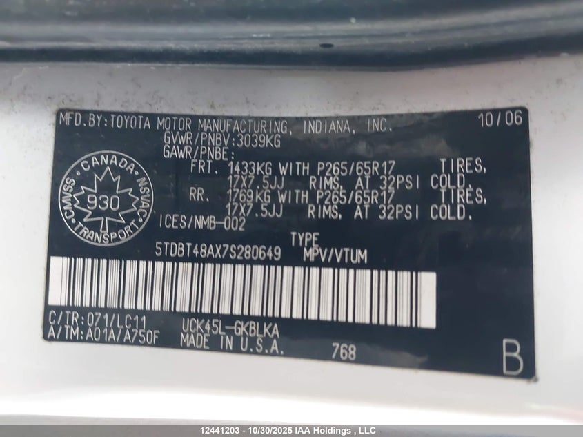 2007 Toyota Sequoia Limited VIN: 5TDBT48AX7S280649 Lot: 12441203