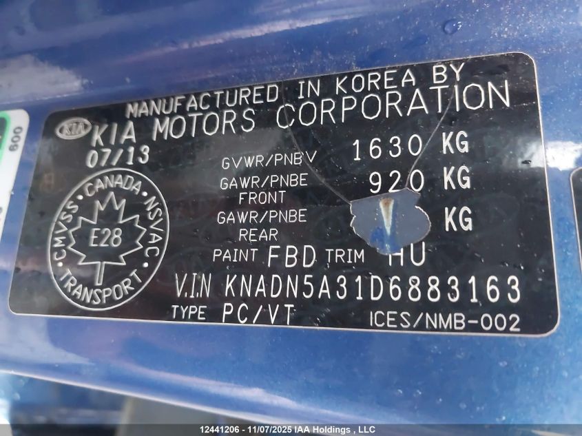 2013 Kia Rio Ex/Sx VIN: KNADN5A31D6883163 Lot: 12441206