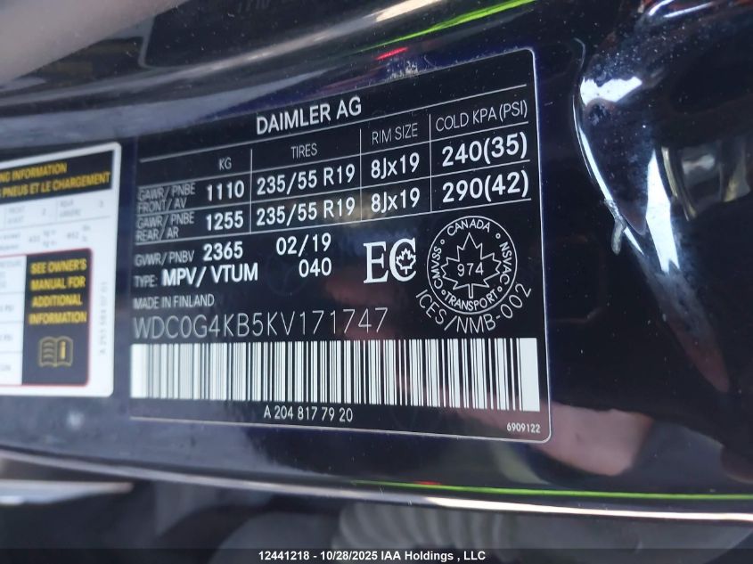 2019 Mercedes-Benz Glc 300 4Matic VIN: WDC0G4KB5KV171747 Lot: 12441218