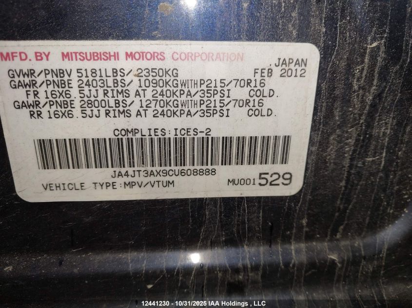 2012 Mitsubishi Outlander Ls VIN: JA4JT3AX9CU608888 Lot: 12441230