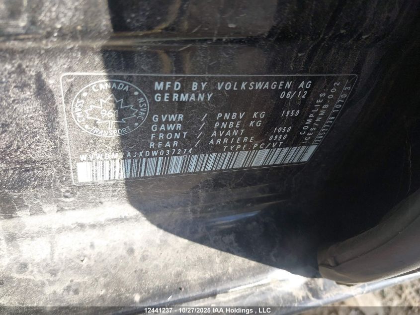2013 Volkswagen Golf 2.0 Tdi Comfortline/2.0 Tdi Highline/Wolfsburg Edition 2.0 Tdi VIN: WVWDM7AJXDW037274 Lot: 12441237